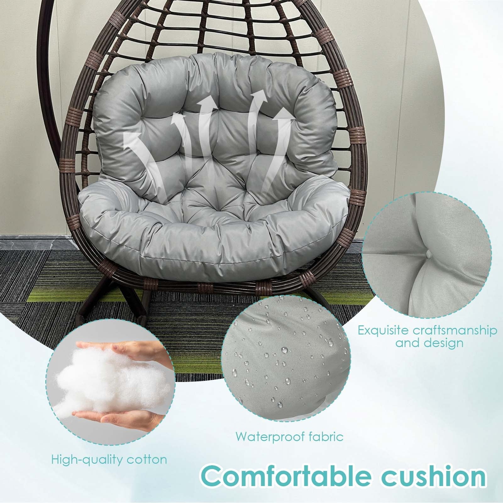 Swing Egg Chair Cushion, Waterproof Rocking Chair Pad, Oversized Hammock Chair Pad, Multifunctional Wicker Egg Lounge Chair Soft Cushion Indoor Outdoor, Gray
