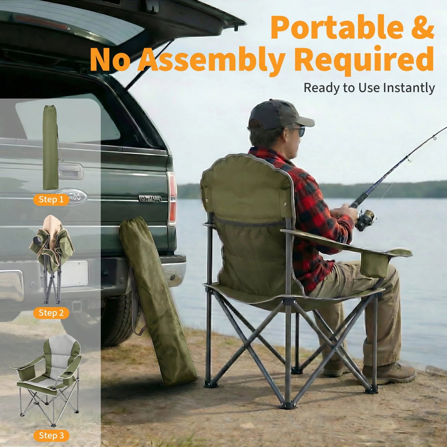 Heavy Duty Camping Chair 500 Lb Capacity, Oversized Extra Wide for Adults, Padded High Back Folding Lawn Chair, 500 Lbs Steel Frame, Portable Outdoor Camping Chair with Cup Holder, Green