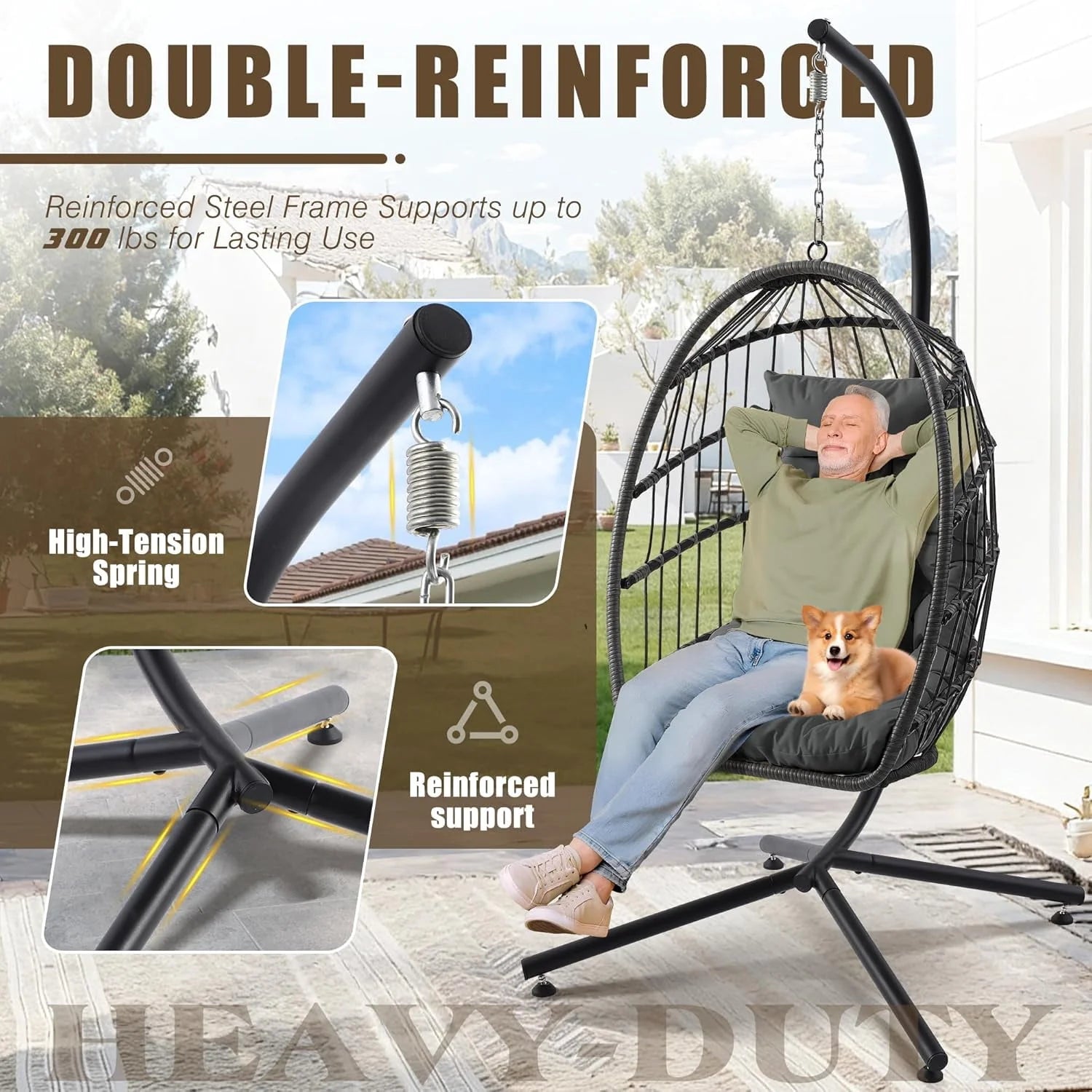 Egg Chair with Stand, Outdoor Hanging Swing Chairs, Indoor Hammock Egg Chair with Removable Cushion and Pillows, Patio Wicker Porch Swings 300LBS Capacity for Garden, Lawn (Grey, Single)