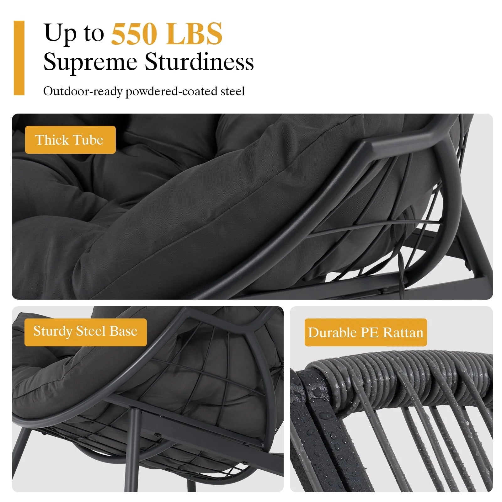 Oversized Egg Chair with Thick Cushion, Wicker Lounge Chair Rattan Patio Chair Indoor Outdoor Patio Lounger Basket Chair W/ Steel Frame, 500Lbs Capacity, Gray