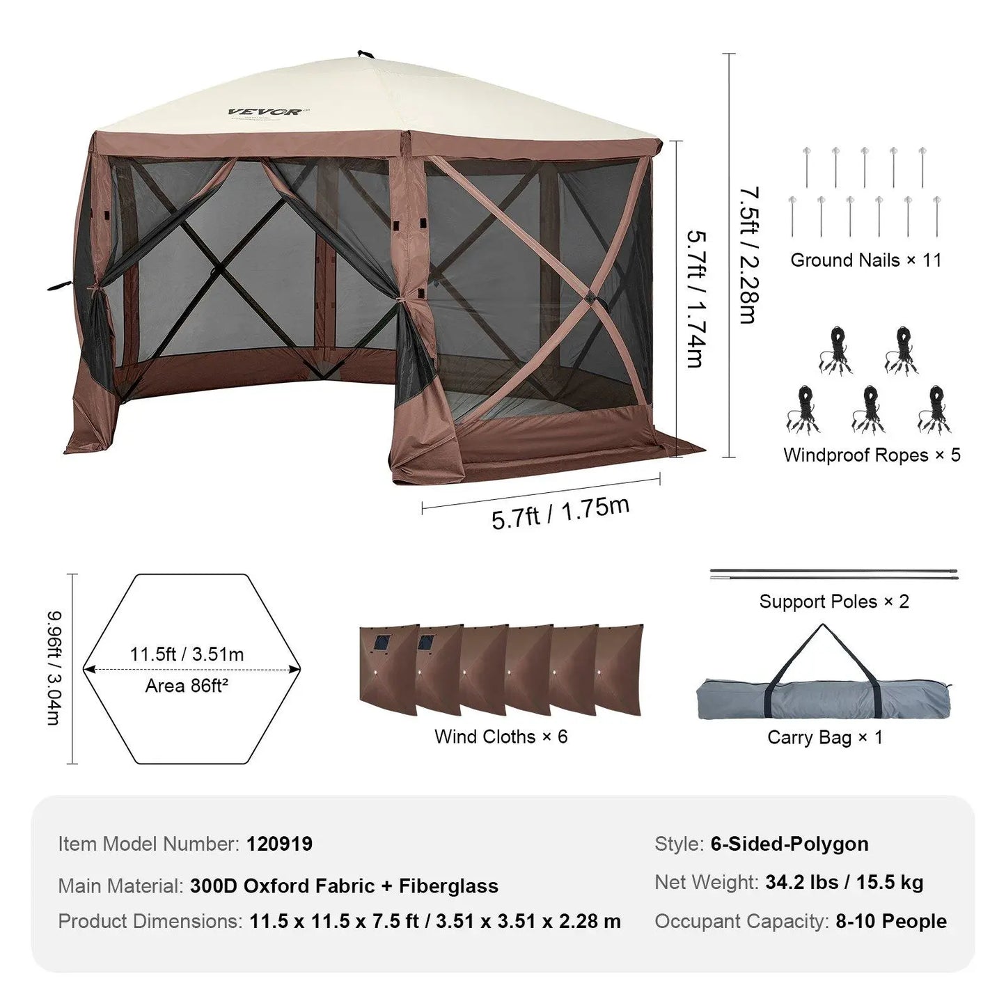 【Dealsforyoudays】Vevor Camping Gazebo Screen Tent, 12*12Ft, 6 Sided Pop-Up Canopy Shelter Tent with Mesh Windows, Portable Carry Bag, Stakes, Large Shade Tents for Outdoor Camping, Lawn and Backyard, Brown/Beige