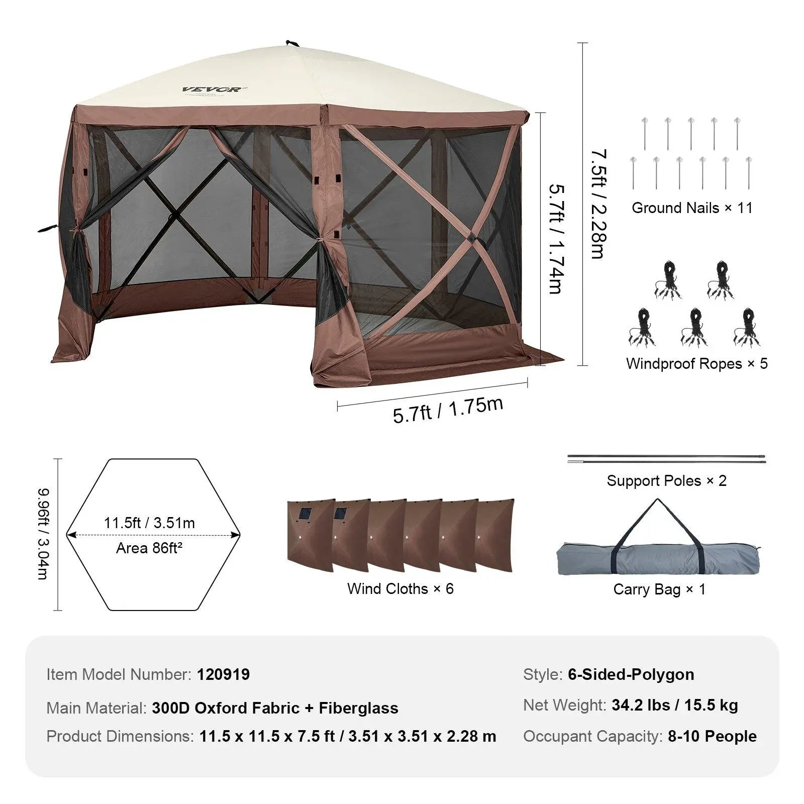 【Dealsforyoudays】Vevor Camping Gazebo Screen Tent, 12*12Ft, 6 Sided Pop-Up Canopy Shelter Tent with Mesh Windows, Portable Carry Bag, Stakes, Large Shade Tents for Outdoor Camping, Lawn and Backyard, Brown/Beige