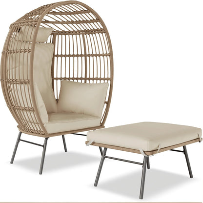Wicker Egg Chair with Ottoman,Outdoor Indoor Large Egg Basket Lounge Recliner Chair with Thick Cushion for Patio Porch Backyard