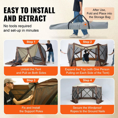 【Dealsforyoudays】Vevor Camping Gazebo Screen Tent, 12*12Ft, 6 Sided Pop-Up Canopy Shelter Tent with Mesh Windows, Portable Carry Bag, Stakes, Large Shade Tents for Outdoor Camping, Lawn and Backyard, Brown/Beige