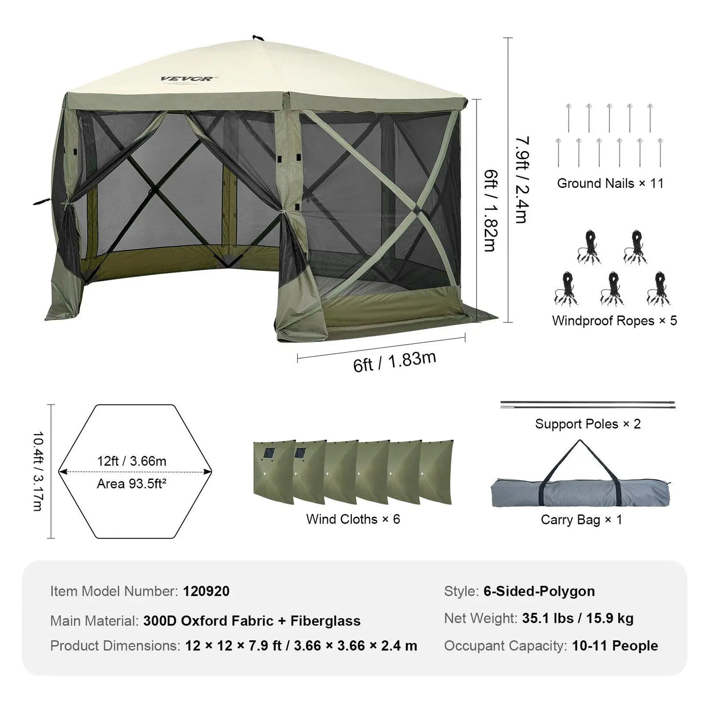 【Dealsforyoudays】Vevor Camping Gazebo Screen Tent, 12*12Ft, 6 Sided Pop-Up Canopy Shelter Tent with Mesh Windows, Portable Carry Bag, Stakes, Large Shade Tents for Outdoor Camping, Lawn and Backyard, Brown/Beige