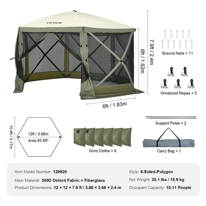 【Dealsforyoudays】Vevor Camping Gazebo Screen Tent, 12*12Ft, 6 Sided Pop-Up Canopy Shelter Tent with Mesh Windows, Portable Carry Bag, Stakes, Large Shade Tents for Outdoor Camping, Lawn and Backyard, Brown/Beige