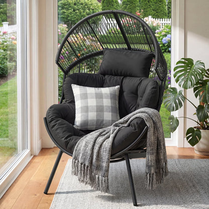Oversized Egg Chair with Thick Cushion, Wicker Lounge Chair Rattan Patio Chair Indoor Outdoor Patio Lounger Basket Chair W/ Steel Frame, 500Lbs Capacity, Gray