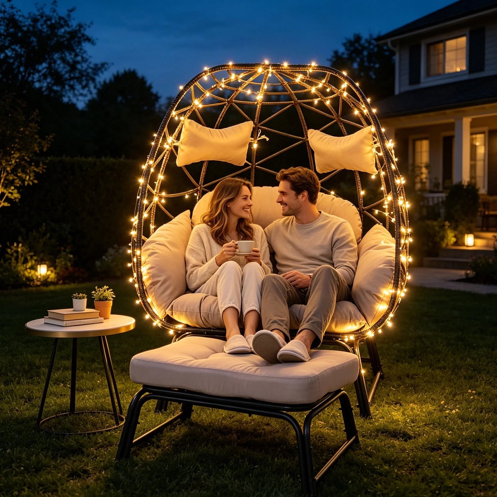 FKSLIFE 2 Person Wicker Egg Chair with Ottoman Cushion Large Egg Basket Chair with Footrest for Outdoor Indoor Patio Balcony Garden