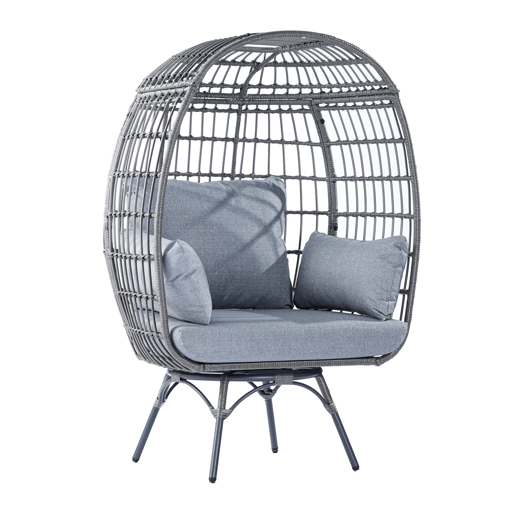 Gray/Gray Indoor/Outdoor Oversized Swivel Lounge Egg Chair with Wicker Rattan Construction and 4 Cushions for Patio, Sunroom, or Deck