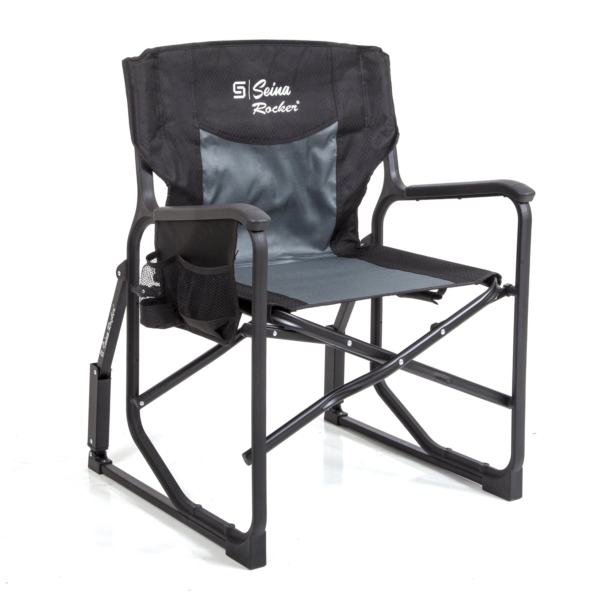 Rocker, Outdoor Foldable Rocking Chair with Hard Armrests, Cup Holder and Side Pocket for Adults, Collapsible, Weight Capacity up to 300 Lbs, Gray and Black