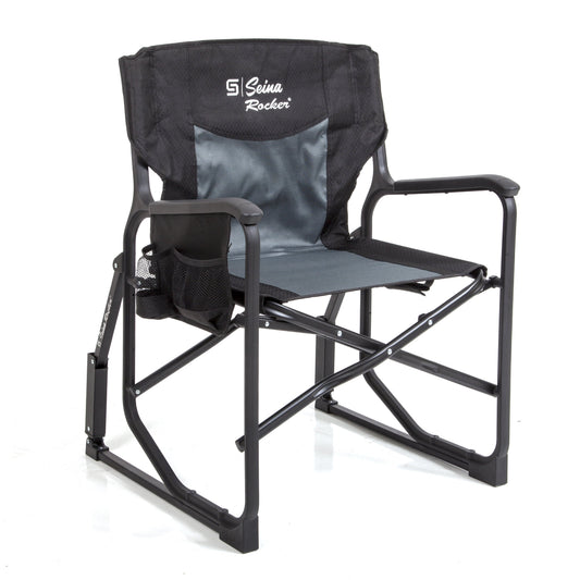 Rocker, Outdoor Foldable Rocking Chair with Hard Armrests, Cup Holder and Side Pocket for Adults, Collapsible, Weight Capacity up to 300 Lbs, Gray and Black