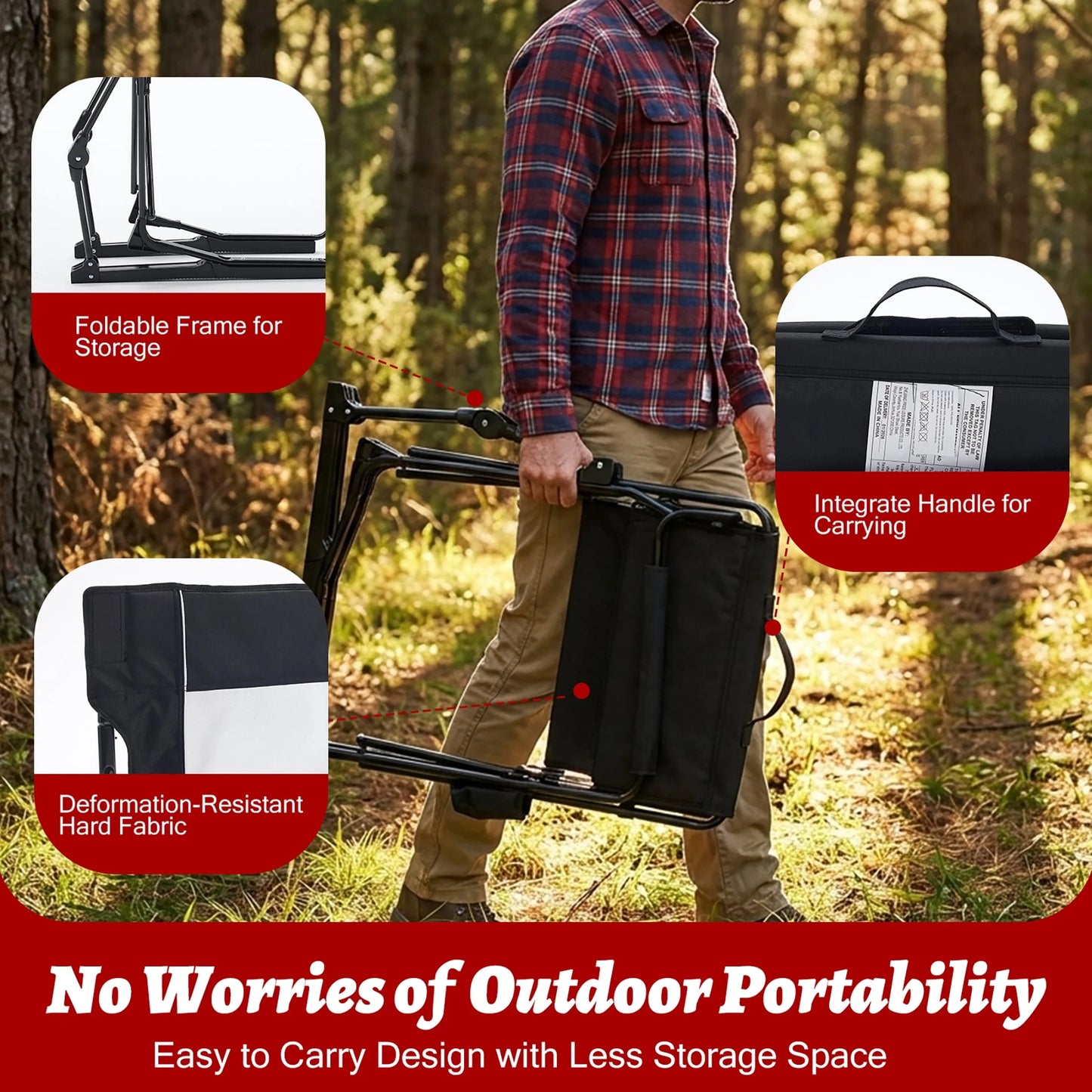 Folding Camping Chair, Padded High Back, Adjustable Lumbar Support, Extra Wide for Adults, 500 Lbs Steel Frame, Portable Outdoor, Black