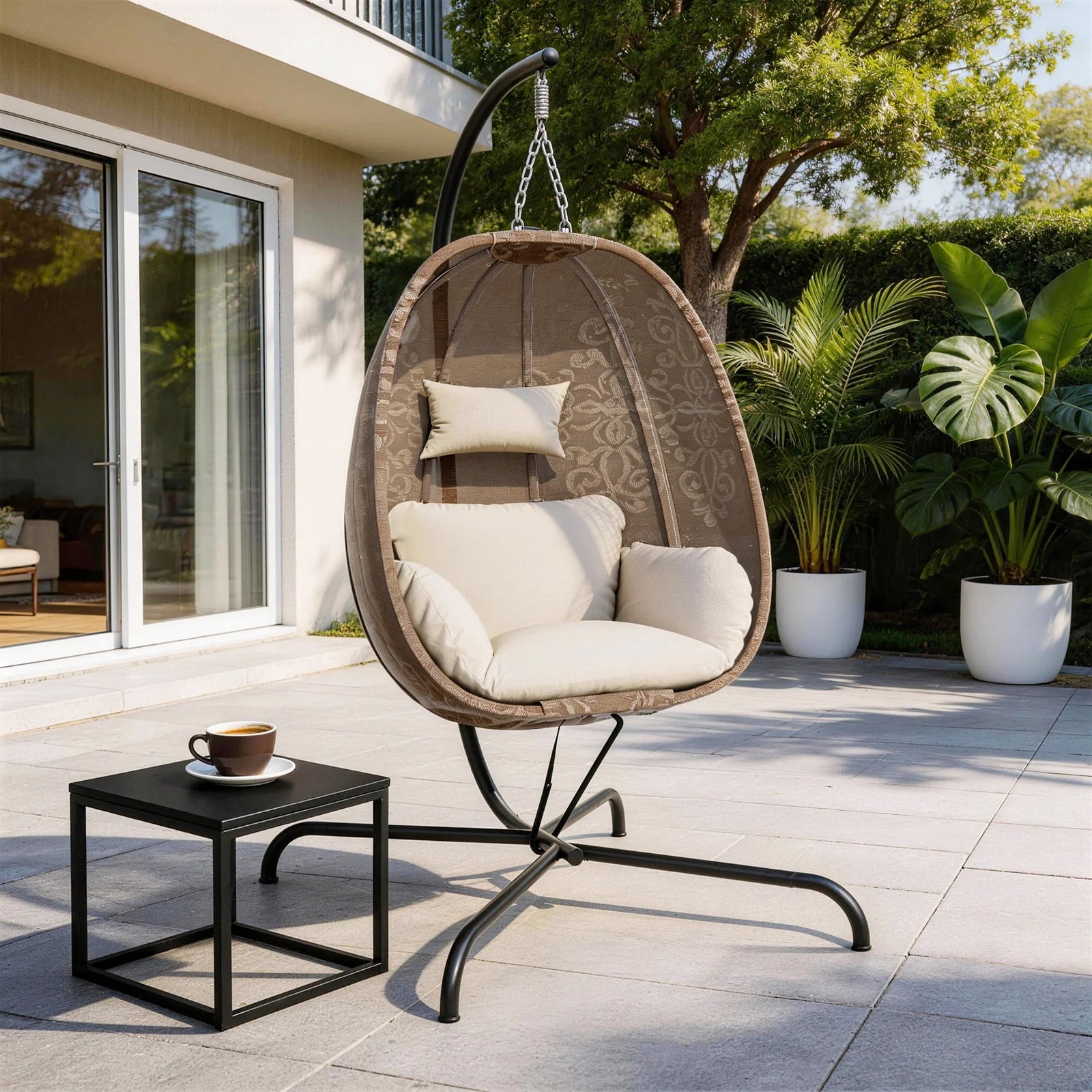 Foldable Egg Chair with Stand, 485LBS Capacity Textilene Hammock Swing Chair for Outdoor & Indoor, Patio Hanging Chair with Strong Frame & UV Resistant Cushion for Balcony, Bedroom, Cream/D2