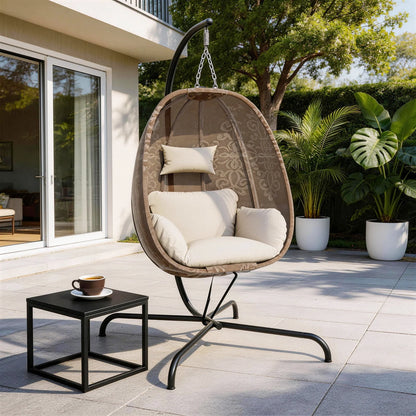 Foldable Egg Chair with Stand, 485LBS Capacity Textilene Hammock Swing Chair for Outdoor & Indoor, Patio Hanging Chair with Strong Frame & UV Resistant Cushion for Balcony, Bedroom, Cream/D2