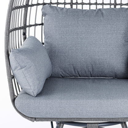 Gray/Gray Indoor/Outdoor Oversized Swivel Lounge Egg Chair with Wicker Rattan Construction and 4 Cushions for Patio, Sunroom, or Deck