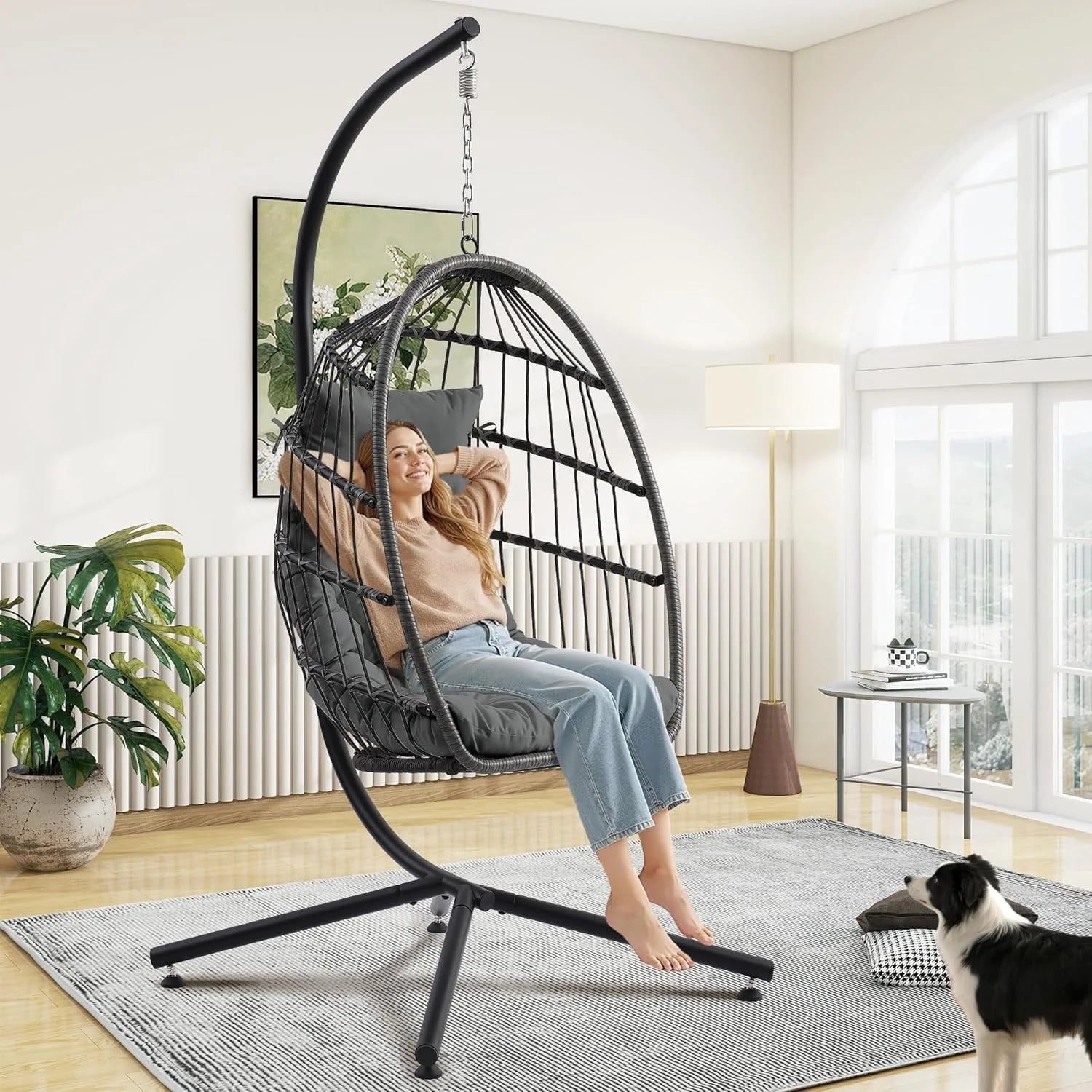 Egg Chair with Stand, Outdoor Hanging Swing Chairs, Indoor Hammock Egg Chair with Removable Cushion and Pillows, Patio Wicker Porch Swings 300LBS Capacity for Garden, Lawn (Grey, Single)