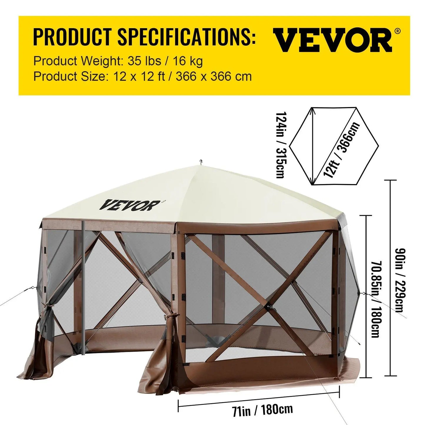 【Dealsforyoudays】Vevor Camping Gazebo Screen Tent, 12*12Ft, 6 Sided Pop-Up Canopy Shelter Tent with Mesh Windows, Portable Carry Bag, Stakes, Large Shade Tents for Outdoor Camping, Lawn and Backyard, Brown/Beige