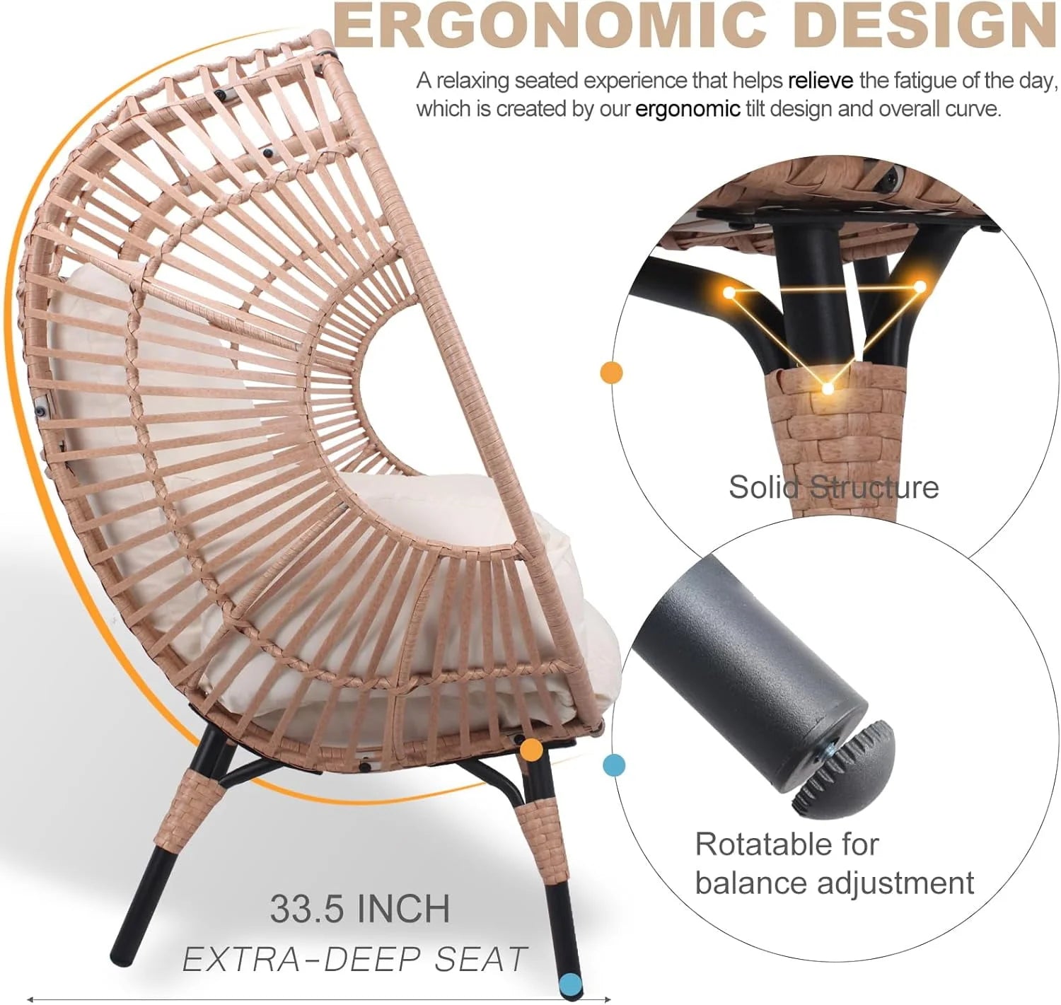 Oversized Egg Chair Outdoor Indoor,Patio Lounge Chair with Thicken Cushions & Durable Steel Frame, Egg Basket Chair 500Lbs Capacity for Garden, Backyard, Porch,Bedroom (Beige-Regular)