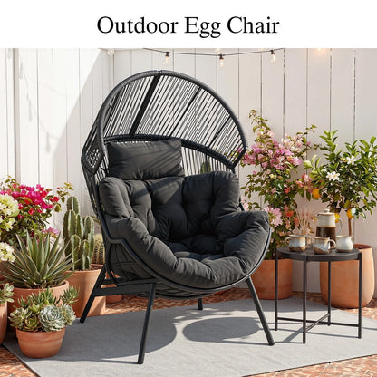 Oversized Egg Chair with Thick Cushion, Wicker Lounge Chair Rattan Patio Chair Indoor Outdoor Patio Lounger Basket Chair W/ Steel Frame, 500Lbs Capacity, Gray