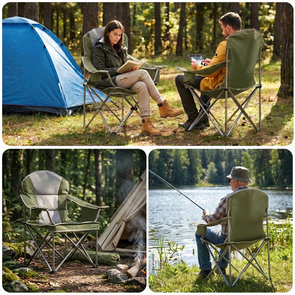 Heavy Duty Camping Chair 500 Lb Capacity, Oversized Extra Wide for Adults, Padded High Back Folding Lawn Chair, 500 Lbs Steel Frame, Portable Outdoor Camping Chair with Cup Holder, Green