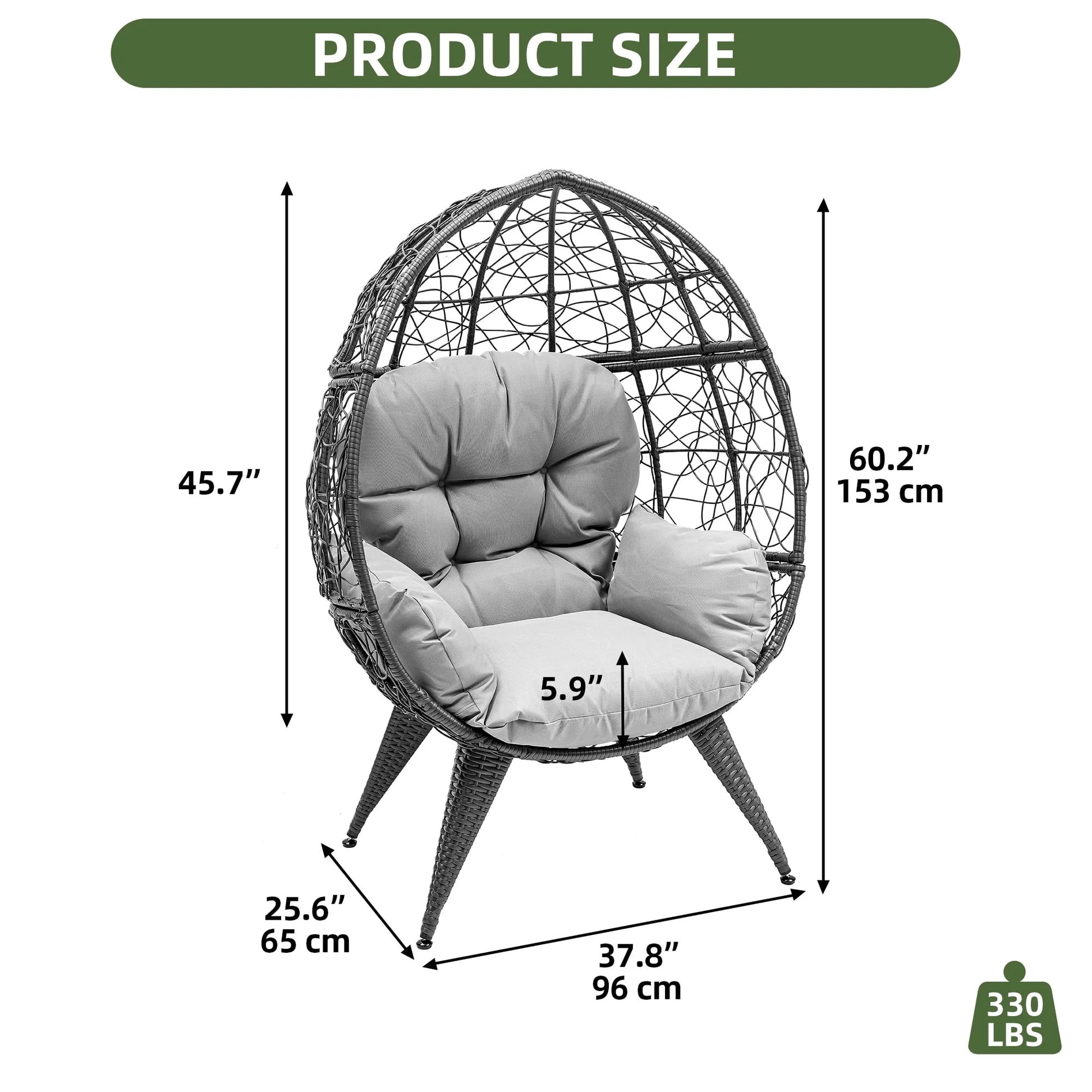 Oversized Wicker Egg Chair with Stand & Cushion, 330 Lb Capacity for Garden and Balcony, Gray