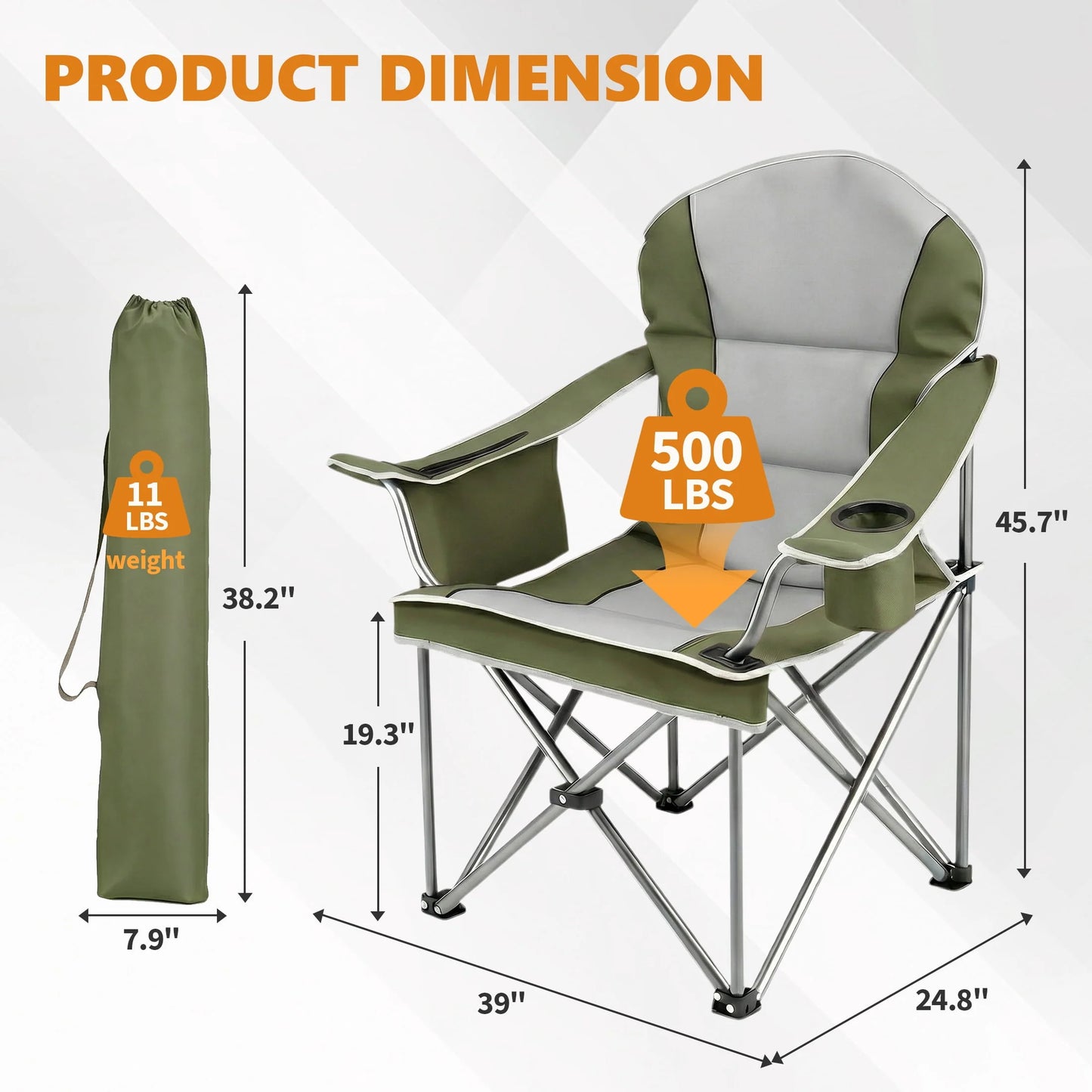 Heavy Duty Camping Chair 500 Lb Capacity, Oversized Extra Wide for Adults, Padded High Back Folding Lawn Chair, 500 Lbs Steel Frame, Portable Outdoor Camping Chair with Cup Holder, Green