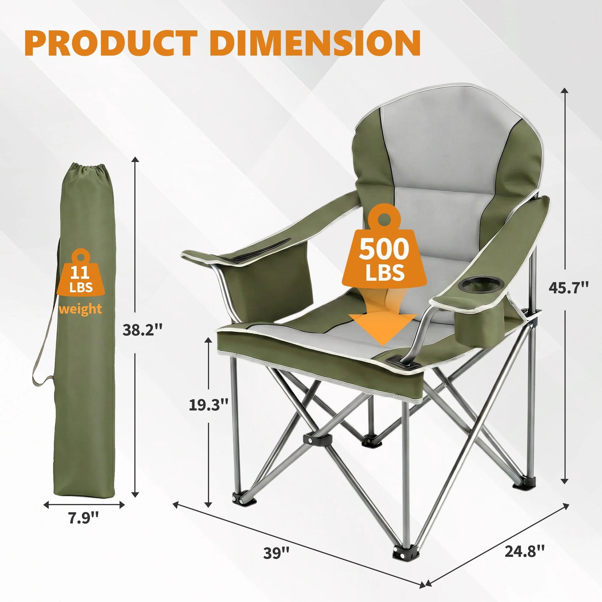Heavy Duty Camping Chair 500 Lb Capacity, Oversized Extra Wide for Adults, Padded High Back Folding Lawn Chair, 500 Lbs Steel Frame, Portable Outdoor Camping Chair with Cup Holder, Green