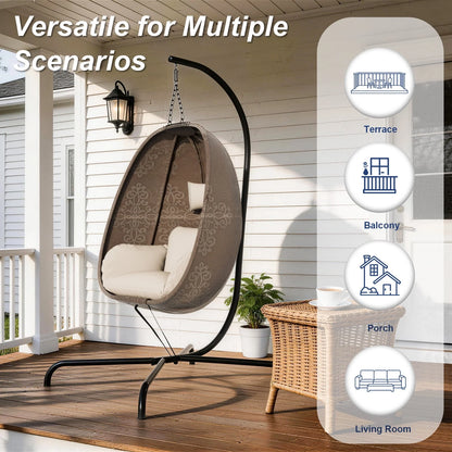 Foldable Egg Chair with Stand, 485LBS Capacity Textilene Hammock Swing Chair for Outdoor & Indoor, Patio Hanging Chair with Strong Frame & UV Resistant Cushion for Balcony, Bedroom, Cream/D2