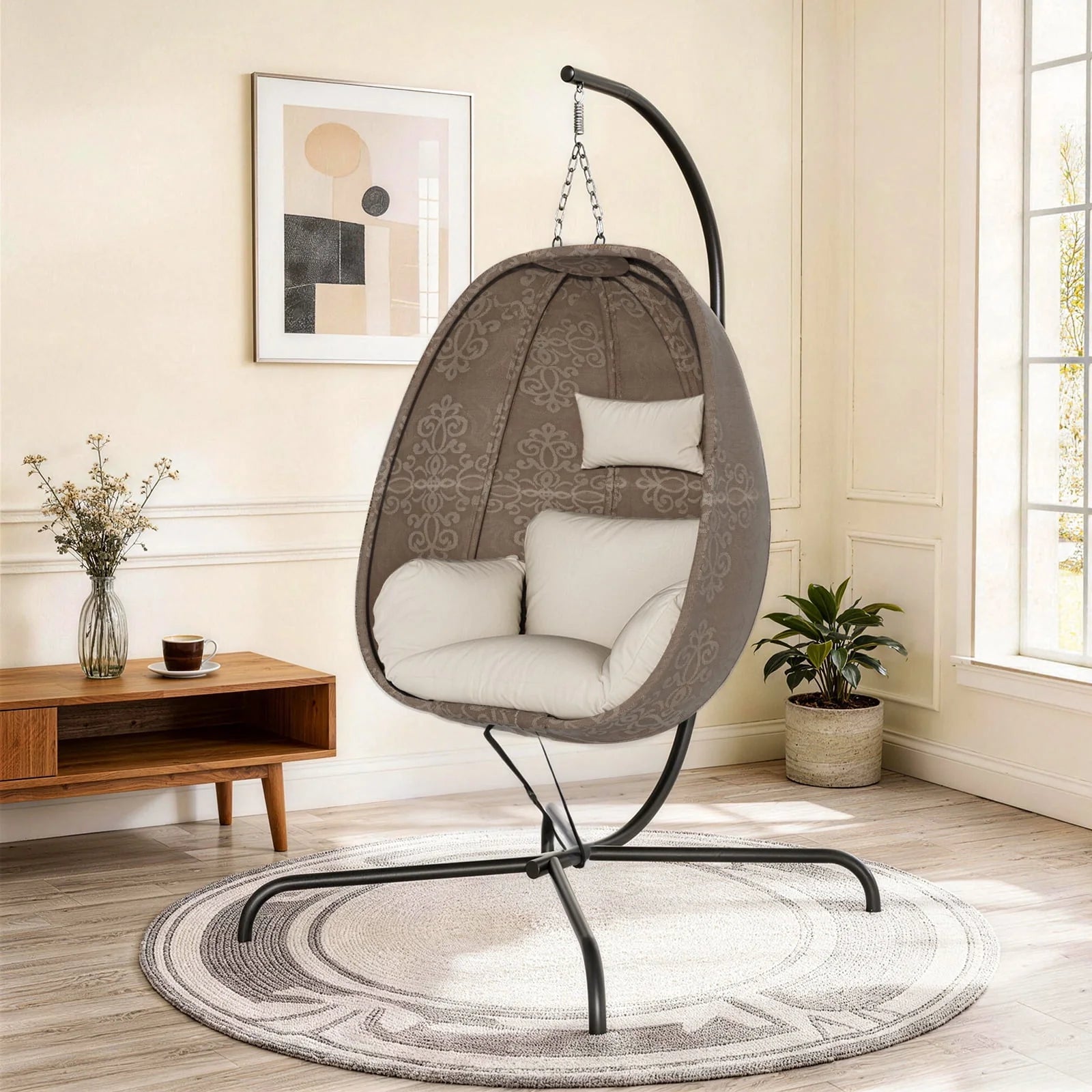 Foldable Egg Chair with Stand, 485LBS Capacity Textilene Hammock Swing Chair for Outdoor & Indoor, Patio Hanging Chair with Strong Frame & UV Resistant Cushion for Balcony, Bedroom, Cream/D2