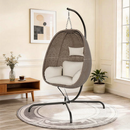 Foldable Egg Chair with Stand, 485LBS Capacity Textilene Hammock Swing Chair for Outdoor & Indoor, Patio Hanging Chair with Strong Frame & UV Resistant Cushion for Balcony, Bedroom, Cream/D2