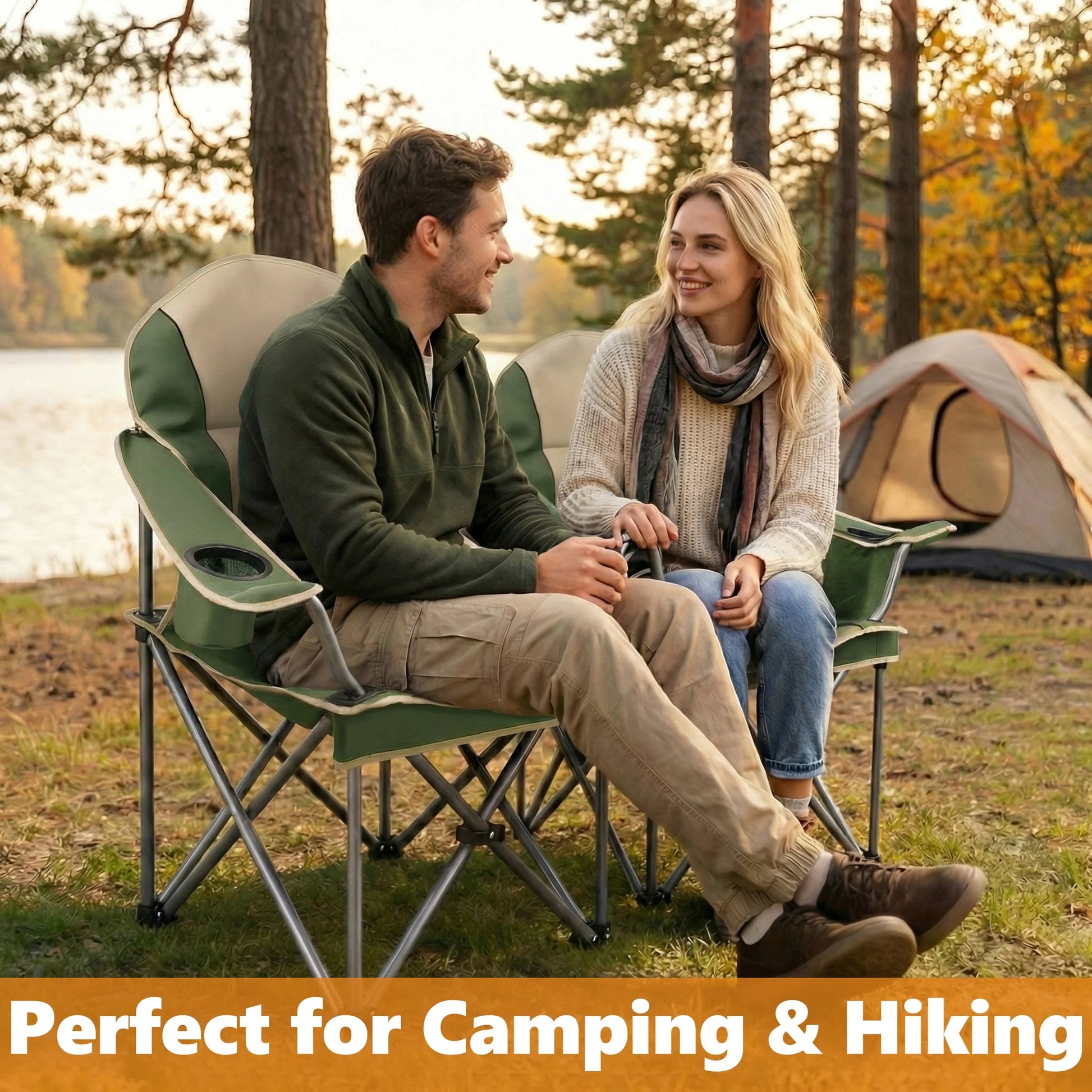 Heavy Duty Camping Chair 500 Lb Capacity, Oversized Extra Wide for Adults, Padded High Back Folding Lawn Chair, 500 Lbs Steel Frame, Portable Outdoor Camping Chair with Cup Holder, Green