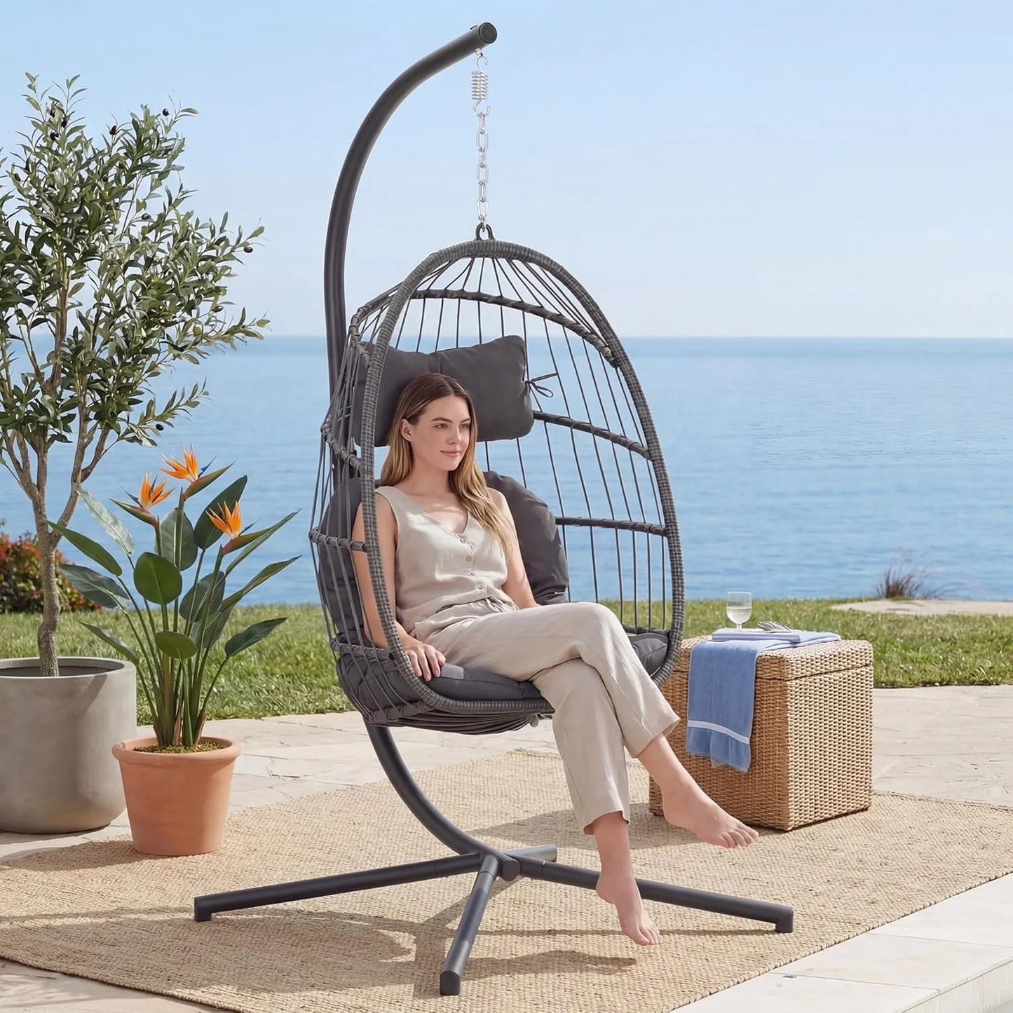 Hanging Egg Chair with Stand, Indoor/Outdoor, 350 Lbs Capacity, Charcoal Grey