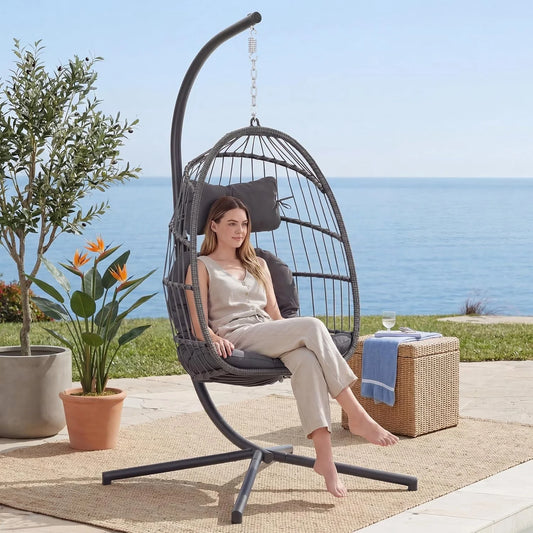 Hanging Egg Chair with Stand, Indoor/Outdoor, 350 Lbs Capacity, Charcoal Grey