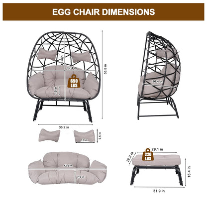 FKSLIFE 2 Person Wicker Egg Chair with Ottoman Cushion Large Egg Basket Chair with Footrest for Outdoor Indoor Patio Balcony Garden