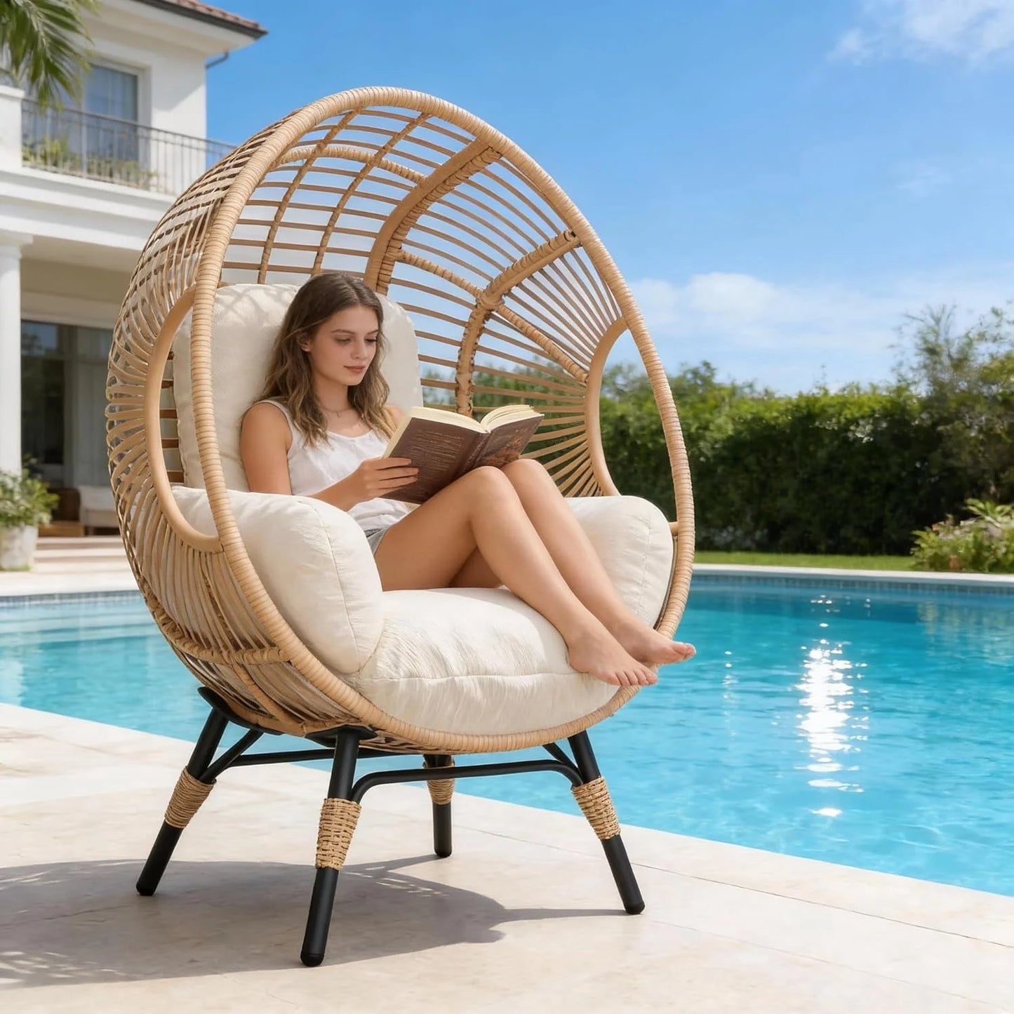 Oversized Egg Chair Outdoor Indoor,Patio Lounge Chair with Thicken Cushions & Durable Steel Frame, Egg Basket Chair 500Lbs Capacity for Garden, Backyard, Porch,Bedroom (Beige-Regular)