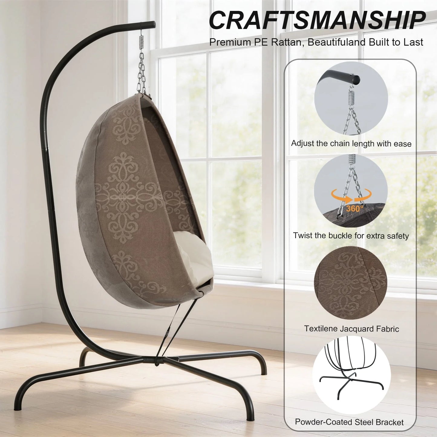 Foldable Egg Chair with Stand, 485LBS Capacity Textilene Hammock Swing Chair for Outdoor & Indoor, Patio Hanging Chair with Strong Frame & UV Resistant Cushion for Balcony, Bedroom, Cream/D2