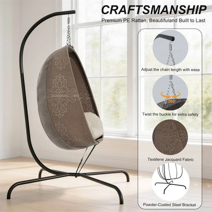Foldable Egg Chair with Stand, 485LBS Capacity Textilene Hammock Swing Chair for Outdoor & Indoor, Patio Hanging Chair with Strong Frame & UV Resistant Cushion for Balcony, Bedroom, Cream/D2