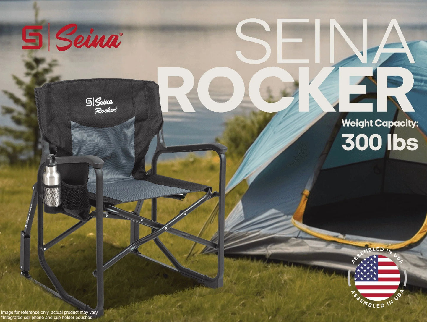 Rocker, Outdoor Foldable Rocking Chair with Hard Armrests, Cup Holder and Side Pocket for Adults, Collapsible, Weight Capacity up to 300 Lbs, Gray and Black