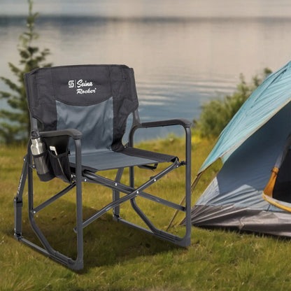 Rocker, Outdoor Foldable Rocking Chair with Hard Armrests, Cup Holder and Side Pocket for Adults, Collapsible, Weight Capacity up to 300 Lbs, Gray and Black