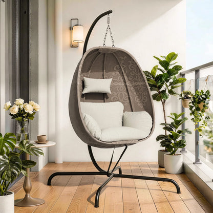 Foldable Egg Chair with Stand, 485LBS Capacity Textilene Hammock Swing Chair for Outdoor & Indoor, Patio Hanging Chair with Strong Frame & UV Resistant Cushion for Balcony, Bedroom, Cream/D2