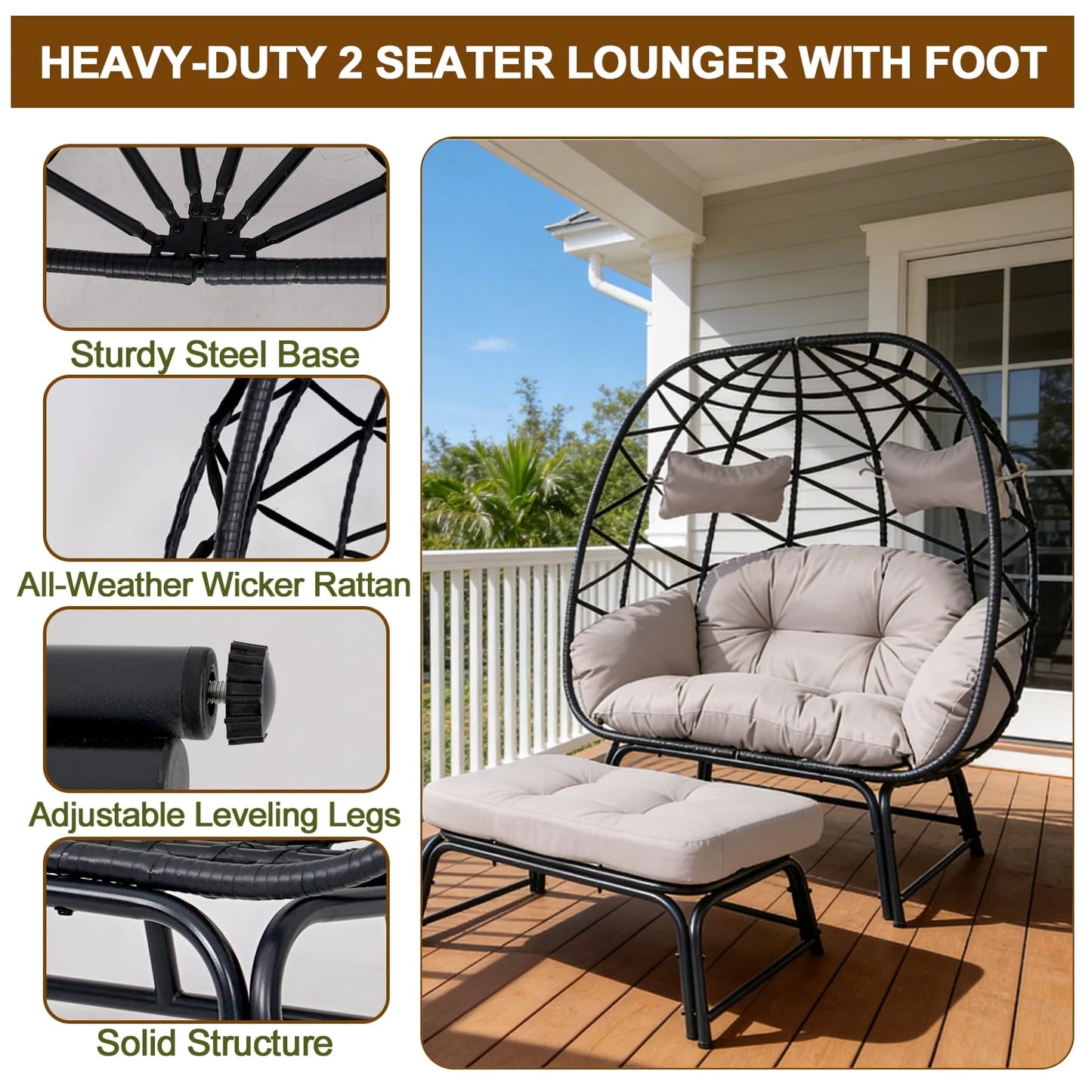 FKSLIFE 2 Person Wicker Egg Chair with Ottoman Cushion Large Egg Basket Chair with Footrest for Outdoor Indoor Patio Balcony Garden