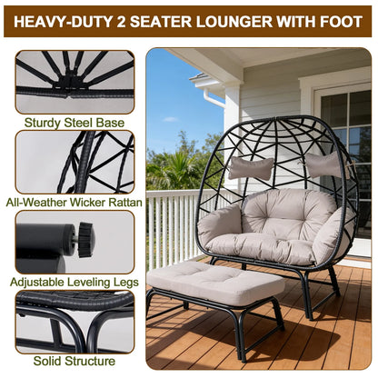 FKSLIFE 2 Person Wicker Egg Chair with Ottoman Cushion Large Egg Basket Chair with Footrest for Outdoor Indoor Patio Balcony Garden