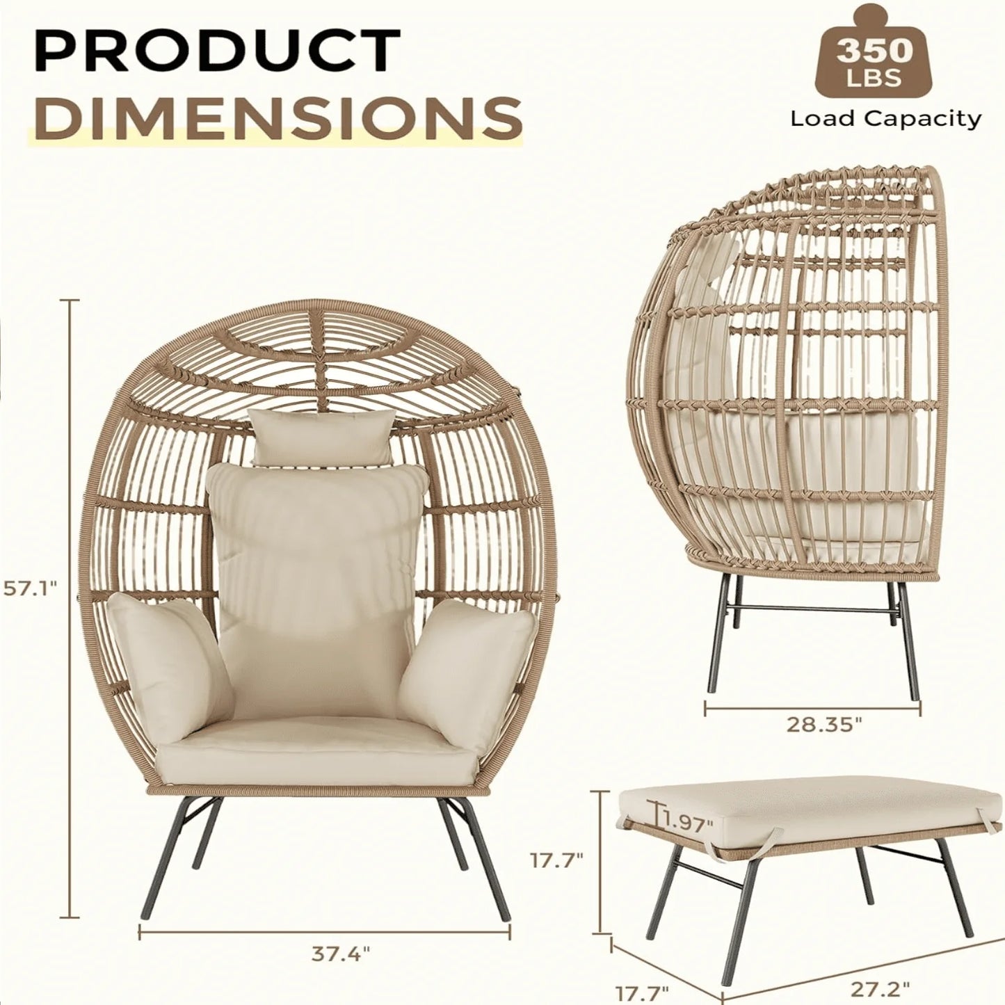 Wicker Egg Chair with Ottoman,Outdoor Indoor Large Egg Basket Lounge Recliner Chair with Thick Cushion for Patio Porch Backyard