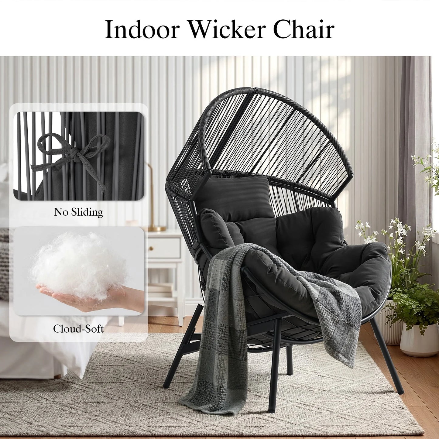 Oversized Egg Chair with Thick Cushion, Wicker Lounge Chair Rattan Patio Chair Indoor Outdoor Patio Lounger Basket Chair W/ Steel Frame, 500Lbs Capacity, Gray