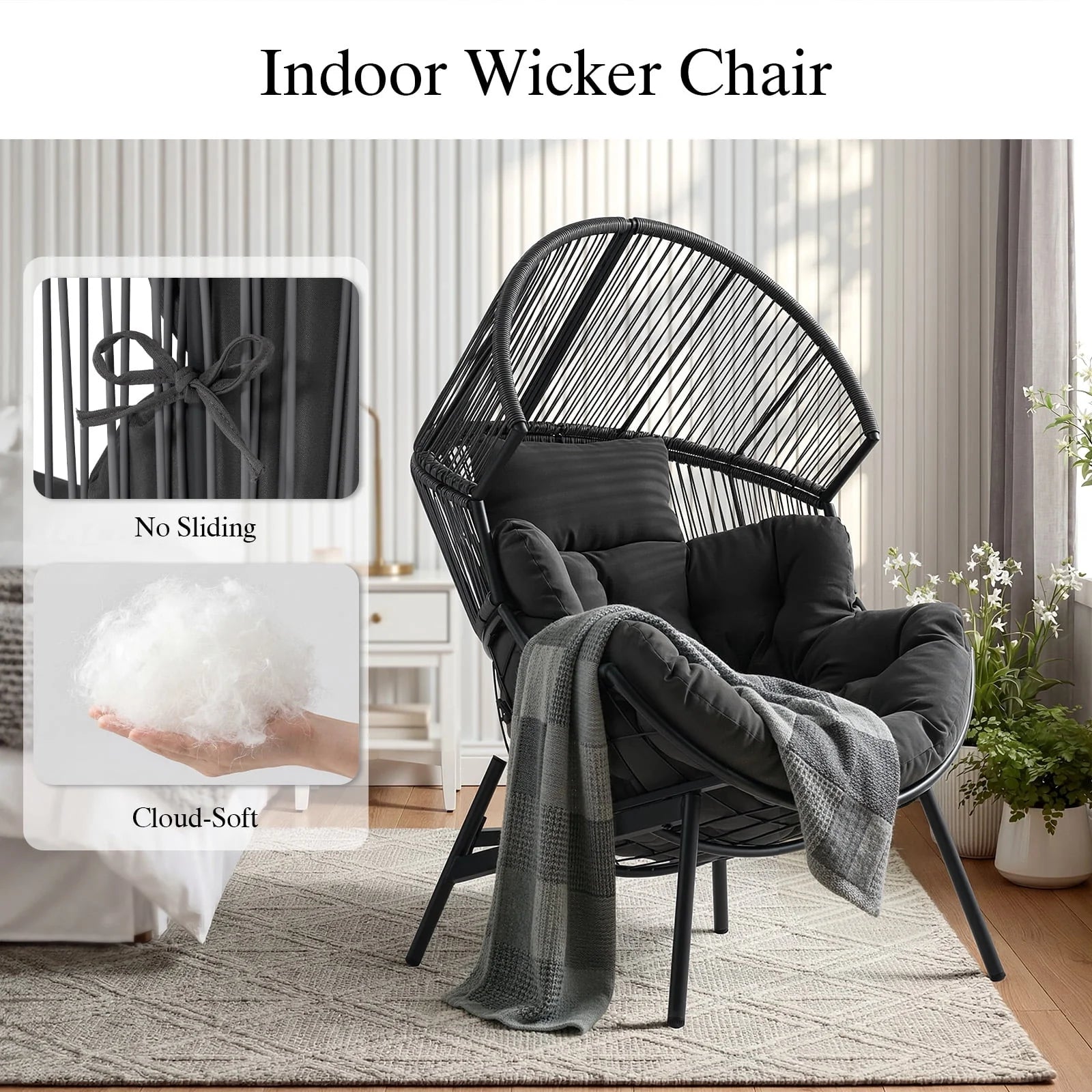 Oversized Egg Chair with Thick Cushion, Wicker Lounge Chair Rattan Patio Chair Indoor Outdoor Patio Lounger Basket Chair W/ Steel Frame, 500Lbs Capacity, Gray