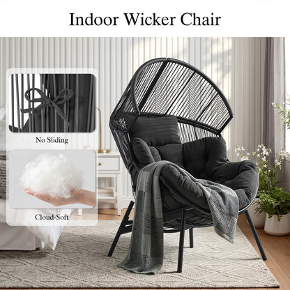 Oversized Egg Chair with Thick Cushion, Wicker Lounge Chair Rattan Patio Chair Indoor Outdoor Patio Lounger Basket Chair W/ Steel Frame, 500Lbs Capacity, Gray