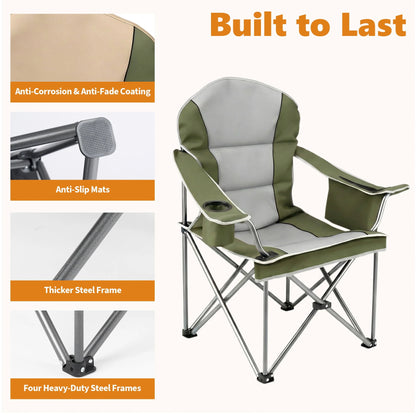 Heavy Duty Camping Chair 500 Lb Capacity, Oversized Extra Wide for Adults, Padded High Back Folding Lawn Chair, 500 Lbs Steel Frame, Portable Outdoor Camping Chair with Cup Holder, Green