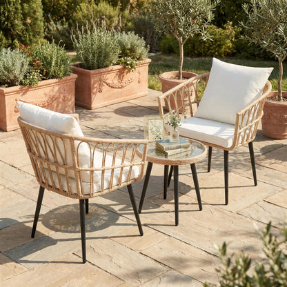 3 Piece Patio Bistro Set,Outdoor Wicker Apartment Balcony Furniture Sets, Rattan Table and Chairs Set of 2 for Porch Backyard Lawn Poolside Deck, Beige