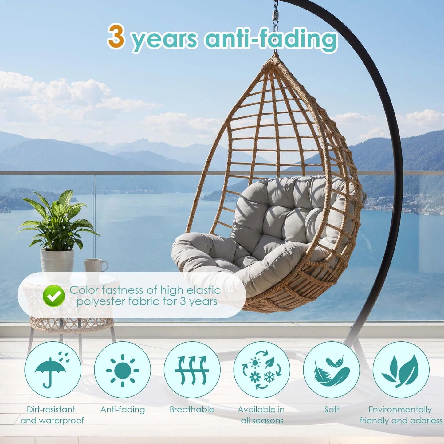 Swing Egg Chair Cushion, Waterproof Rocking Chair Pad, Oversized Hammock Chair Pad, Multifunctional Wicker Egg Lounge Chair Soft Cushion Indoor Outdoor, Gray