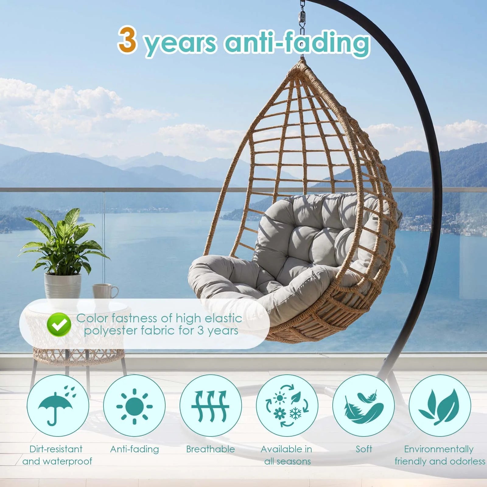 Swing Egg Chair Cushion, Waterproof Rocking Chair Pad, Oversized Hammock Chair Pad, Multifunctional Wicker Egg Lounge Chair Soft Cushion Indoor Outdoor, Gray